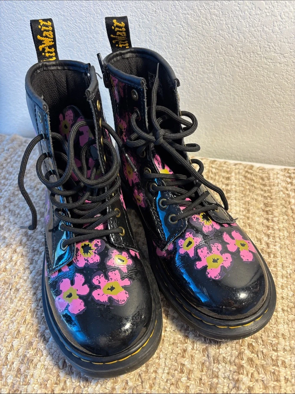 Dr. Martens Black Patent Lace-Up Boots with Pink Floral Print